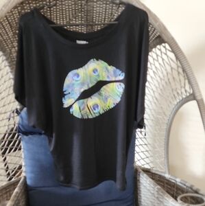 Trendy Black Top with Colorful Lip Print